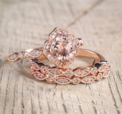 2 Carat Morganite And Diamond Trio Wedding Bridal Ring Set In 10k Rose Gold With One Engagement