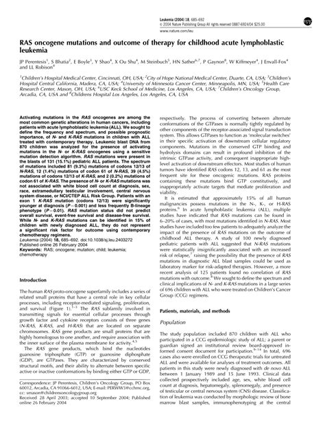 (PDF) RAS oncogene mutations and outcome of therapy for childhood acute ...