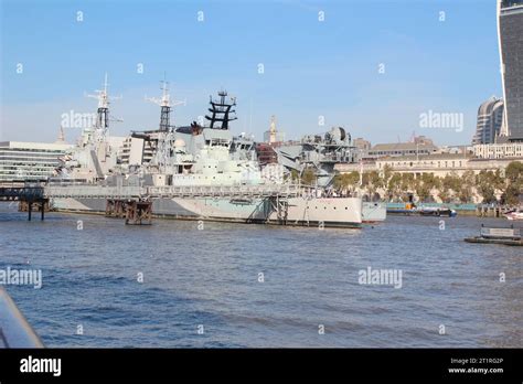 Hms Belfast Warship Museum Moored On The River Thames London Stock