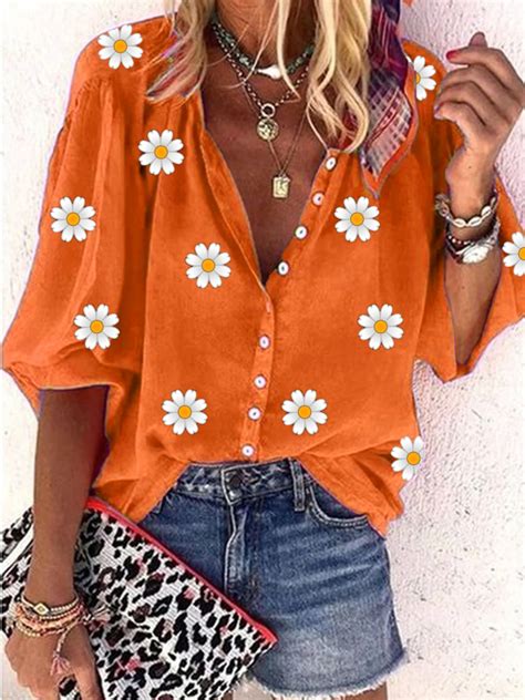 Women Casual Daisy Floral Loose V Neck Button Down Three Quarter Sleeve