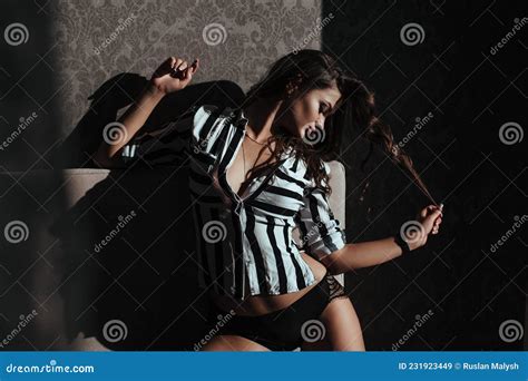 Brunette Woman Posing In Elegant Lingerie Looking At Camera Girl With Stock Image Image Of