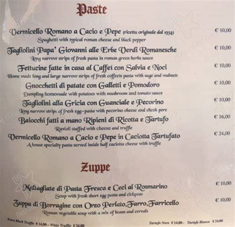 Menu at Papa Giovanni restaurant, Rome