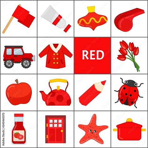 Learn the primary colors. Red. Different objects in red color. Educational material for children ...