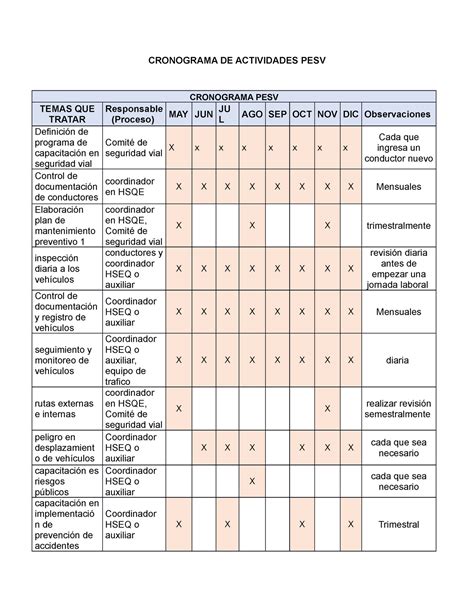 Actividad Riesgo Publico Cronograma De Actividades Pesv Cronograma