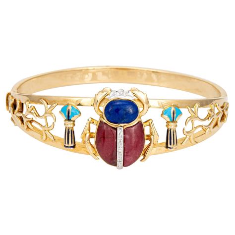 Marcus And Co Antique Egyptian Revival Enamel Gold Scarab Bracelet At