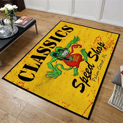 Personalized Rat Fink Classic Speed Shop Hot Rod Area Rug Hot Rod Rug For Garage Bluefink
