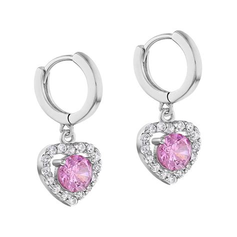 Princess Dangle Heart Hoop Earrings With Clear And Pink CZ In Sterling