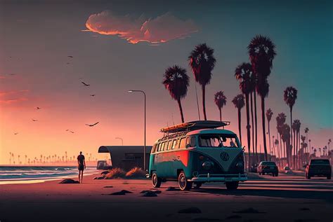 Hd Wallpaper Ai Art Volkswagen Buses Surfing Beach Sunset Palm