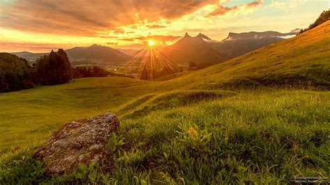 Grass Fields Near Mountains During Sunset Sunrise Gruyère Grass