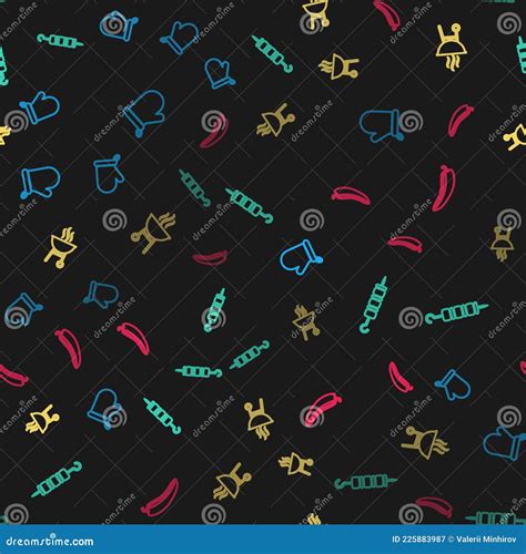 Set Line Oven Glove Grilled Shish Kebab Barbecue Grill And Hot Chili Pepper Pod On Seamless