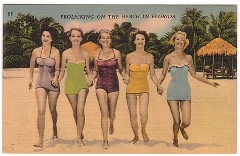 1950s Post Card ~ Bathing Beauties ~ Frolicking On The Beach In