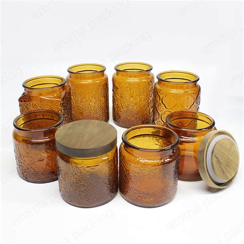 Custom Capacity Embossed Flower Pattern Amber Glass Storage Jar For Storage