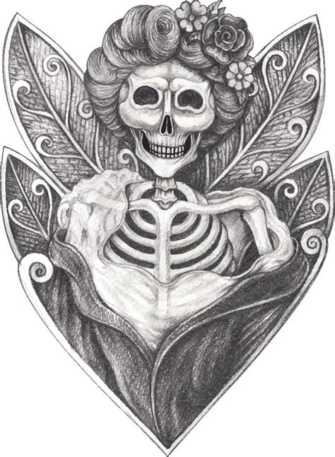 Art Fantasy Surreal Fairy Skull Hand Drawing And Make Graphic Vector