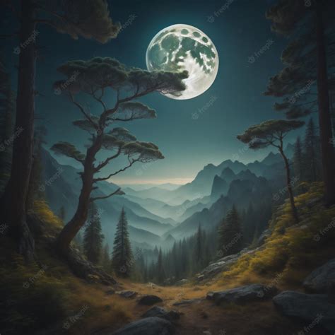 Premium Photo | A painting of a forest with a full moon in the background.