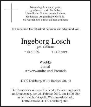 Traueranzeigen Von Ingeborg Losch Trauer In NRW De