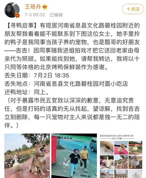 王珞丹发“寻鸭启事”，帮朋友找寻丢失宠物鸭，但鸭子可能已被吃 吉吉