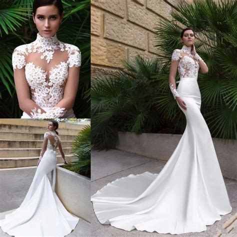 2017 New High Neck Design Sexy Mermaid Wedding Dress Sheer Long Sleeve