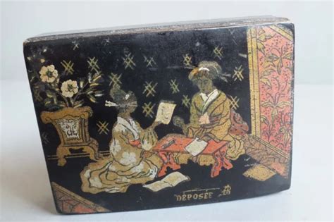 Ancienne Boite A Timbre En Carton Bouilli Napoleon Iii A Decor Japon