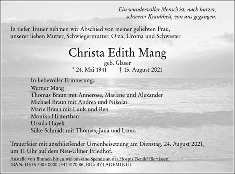 Traueranzeigen Von Christa Edith Mang S Dwest Presse Trauer