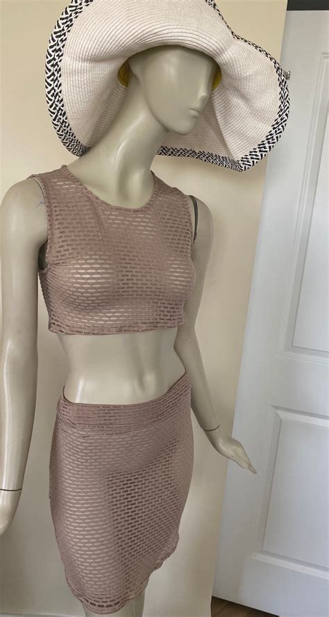 Piece Sheer Beach Wear Beige Bathing Suit Cover Nude Crop Top And Skirt Set Skin Tone Tank