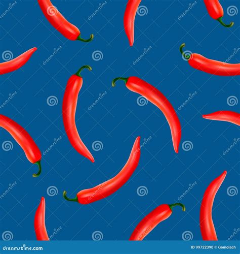 Vector Seamless Pattern With Realistic Red Hot Natural Chili Peppers On A Blue Background EPS10