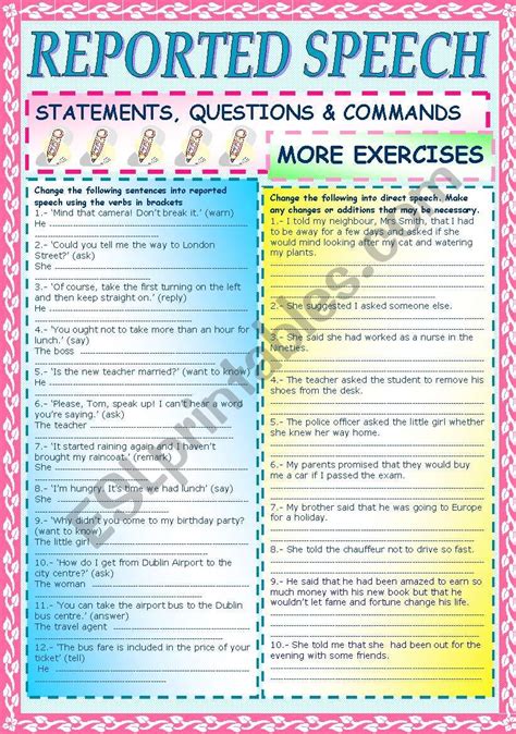 Reported Speech 3 More Exercises Esl Worksheet By Stellam