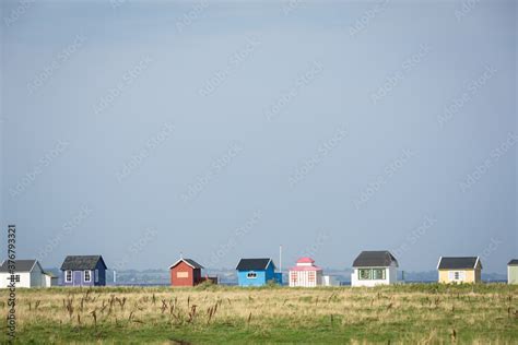 Tiny colorful beach houses on island of Aero in Denmark Stock Photo ...