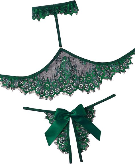 Amazon Lilosy Sexy Bow Choker Halter Floral Lace Sheer Lingerie Set For Women See Through
