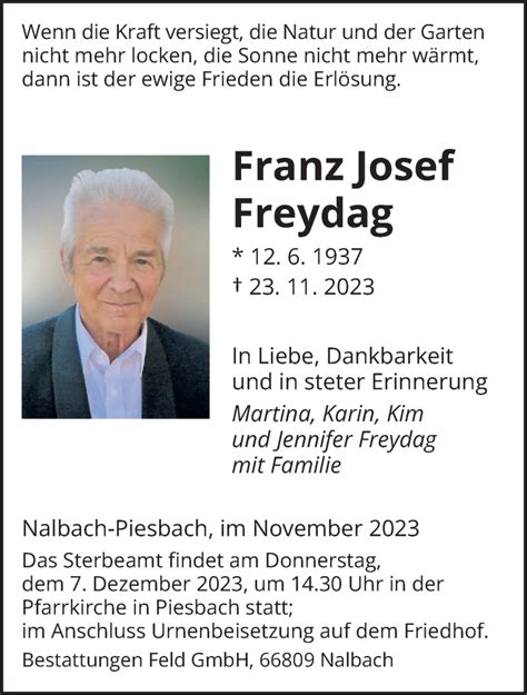 Traueranzeigen Von Franz Josef Freydag Saarbruecker Zeitung Trauer De