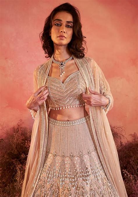 Buy Women Nude Pink Sanjh Embroidered Lehenga Set WLL00045 Luxury Designers Indya