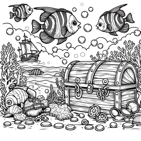Fish swim over treasure chest on the seabed - Free coloring page