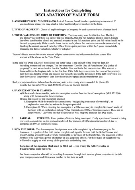 Nevada Declaration Of Value Form Fillable Printable Forms Free Online