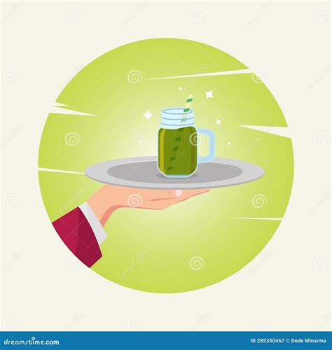 Avocado Juice In Jar On Tray In Hand Vector Illustration Stock