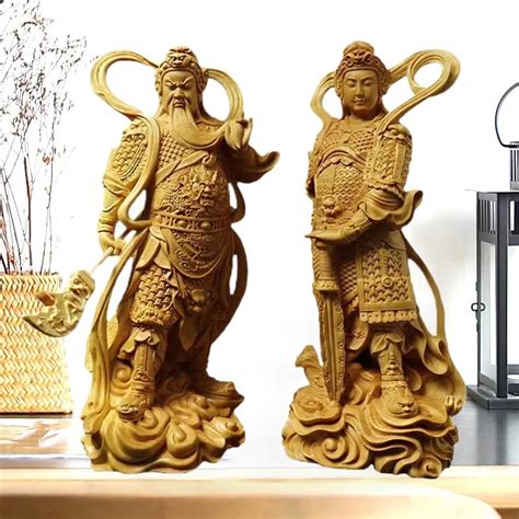 Natural Solid Wood Guan Gong Wei Tuo Protectors Statue Guardian Deity