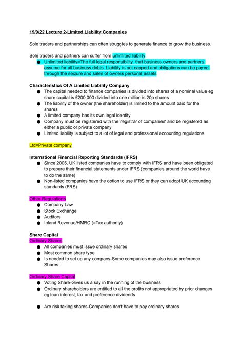 Lecture 2 Limited Liability Companies Notes 19 9 22 Lecture 2 Limited Liability Companies Sole