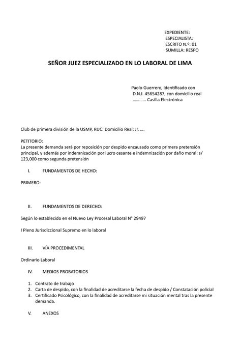 Expediente Modelo Demanda Expediente Especialista Escrito Nº 01