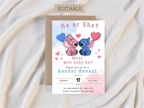 Angel And Stitch Gender Reveal Invitation Valentines Stitch Gender