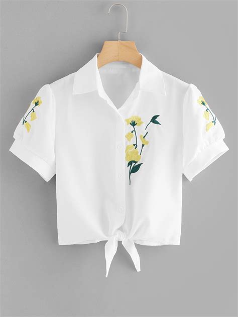 Floral Embroidered Knot Hem Shirtfor Women Romwe Fancy Shirt Hem