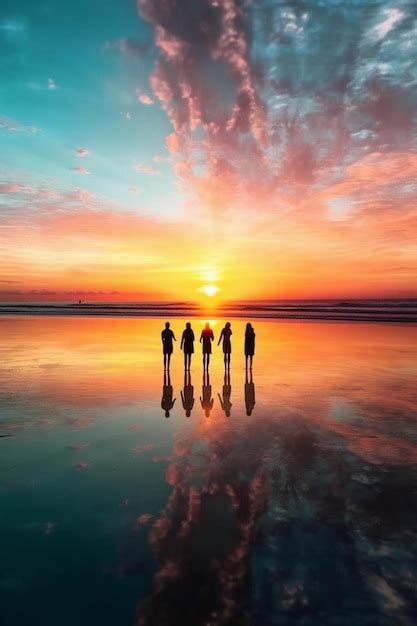 Premium Ai Image A Group Of People Stand On A Beach In Front Of A Sunset