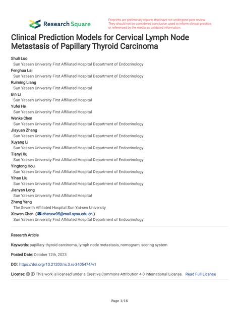 Pdf Clinical Prediction Models For Cervical Lymph Node Metastasis Of Papillary Thyroid Carcinoma