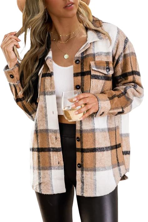 Trendy Queen Womens Flannel Shacket Jacket Casual Plaid Wool Blend Button Down Long Sleeve Shirt