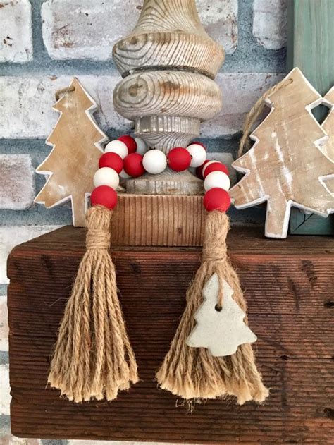 Red And White Christmas Wood Bead Garland With Concrete Tree And Jute