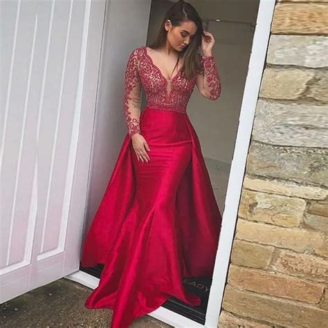 Elegant Mermaid Prom Gowns V Neck Long Sleeves Appliques Beading Satin