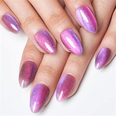 Hot Pink Purple Ombre Press On Nails Medium Almond Handmade Chameleon Gel Magnet Cat Eye Fake