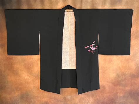 Japanese Haori Kimono Black Embroidered Floral Silk Lined Kimono Robe