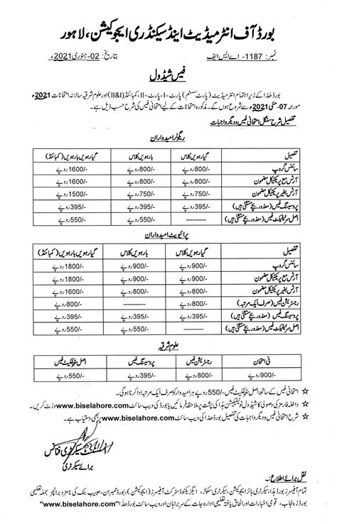 BISE Lahore HSSC Examination Fee And Admission Forms Schedule 2021