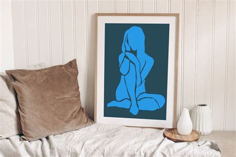 Nude Abstract Art Female Figure Drawing Naked Woman Wall Art Blue Minimalist Line Art