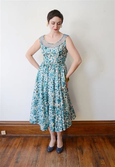 1950s Blue Silk Floral Dress With Mesh Neckline M