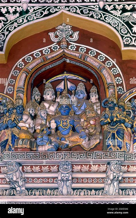 Coronation ceremony delicate stucco works, wall at Nayak Darbar Hall inside Thanjavur palace ...