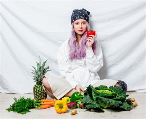 Beautiful Caucasian Vegan Woman With Vegetables Stock Image Image Of